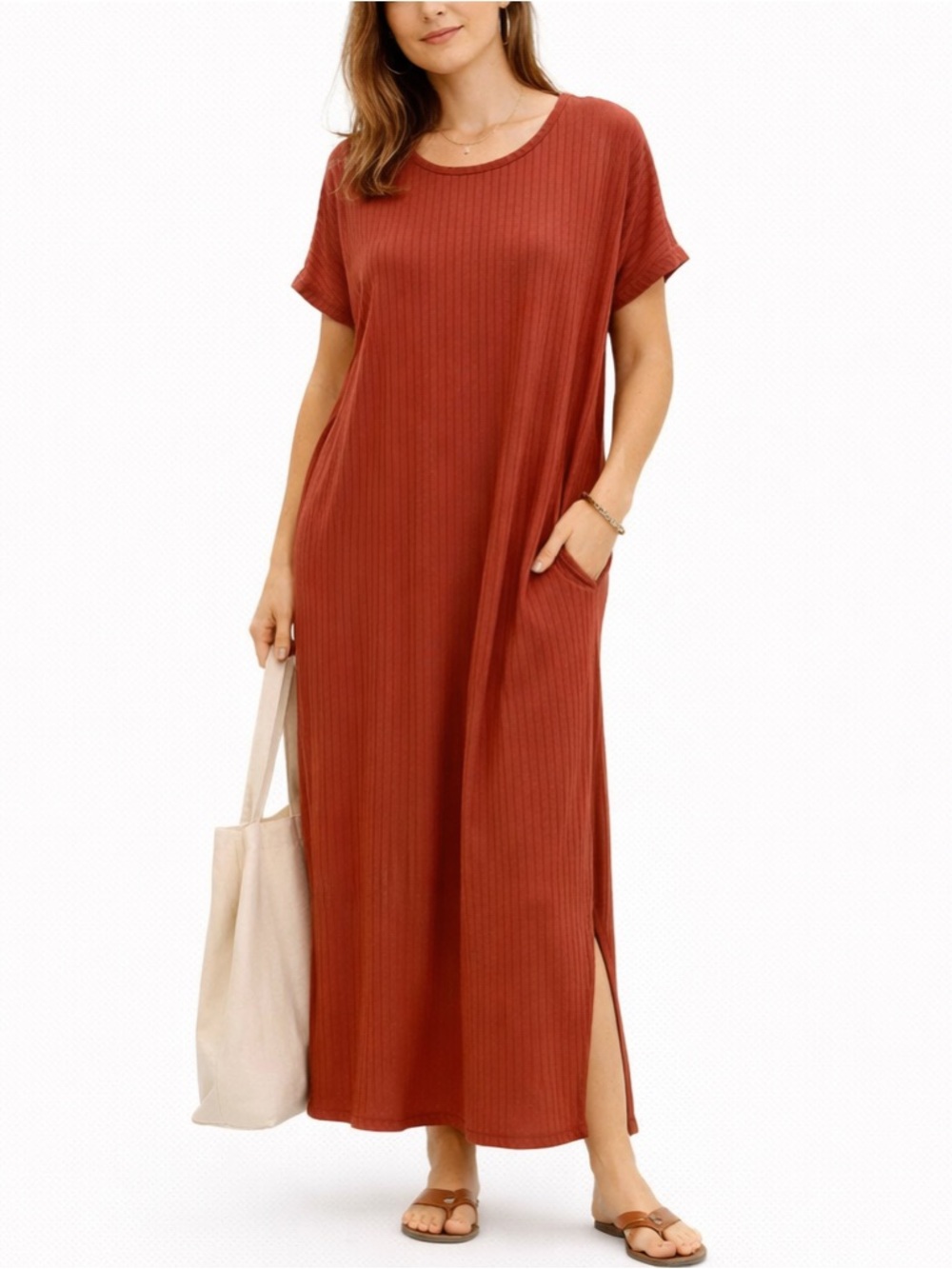 Entro Ribbed Maxi Dress Oversized Rust Red Lounge Casual Minimalist